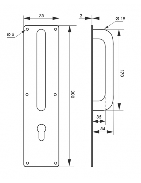 Maniglia porta esterna in acciaio inox 304 satinato con placca 300x75 mm per cilindro europeo - THIRARD