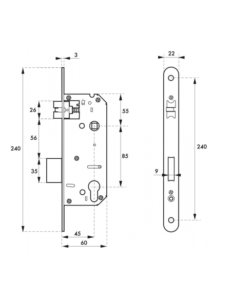 Serratura da incasso asse 45 mm, interasse 85 mm, frontale arrotondato – THIRARD