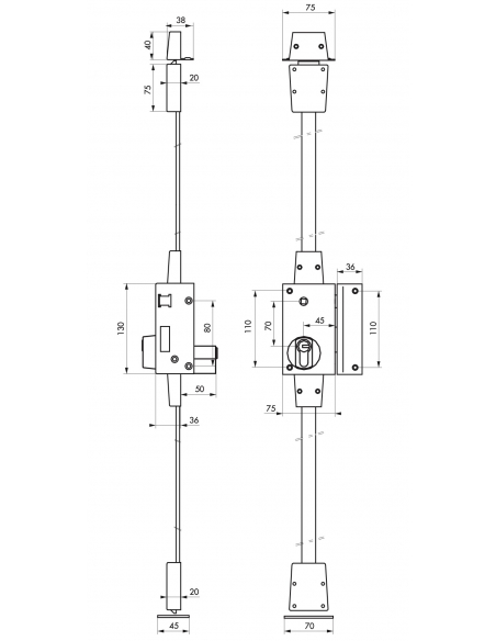 Serratura applicata CARENE con linguetta, destra, triplice 3 punti, 30x65 mm, asse 45 mm, bronzo, 4 chiavi - thirard - THIRARD
