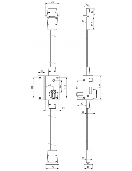 Serratura CARENE da applicare 3 punti 30 x 65 mm, asse 45 mm, sinistra, bronzo, 4 chiavi – THIRARD