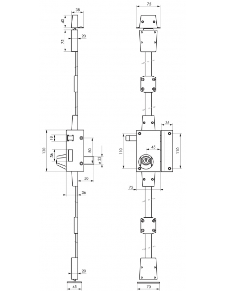 Serratura applicata orizzontale con cilindro, tiraggio, triplice 3 punti, bronzo, destra - serrurerie de picardie - THIRARD