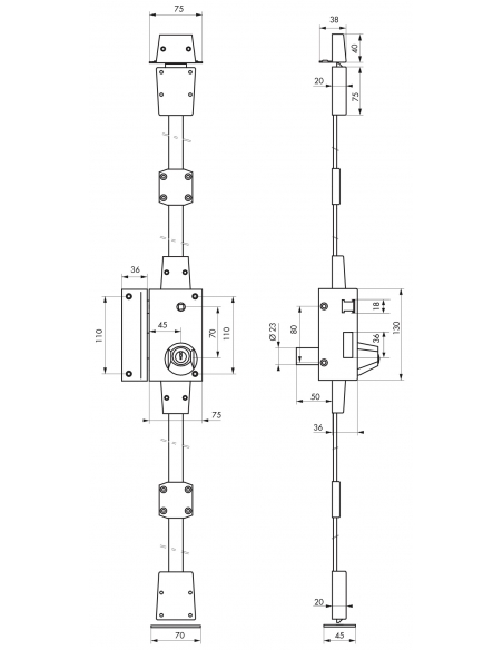 Serratura applicata con cilindro, triplice 3 punti, sinistra, bronzo, 4 chiavi - serrurerie de picardie - THIRARD