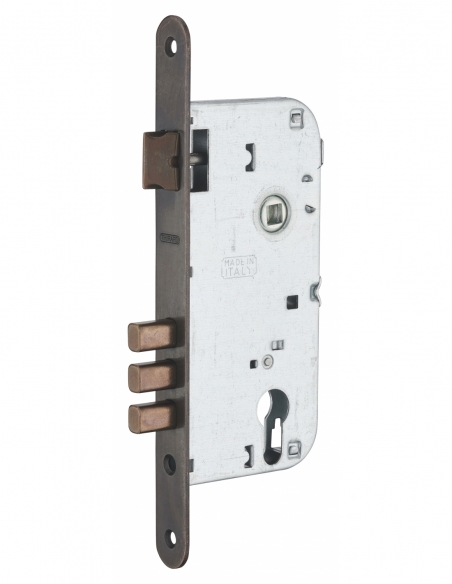 Cassa serratura per cilindro europeo, asse 50 mm, interasse 85 mm, 3 catenacci, frontale bronzo – THIRARD