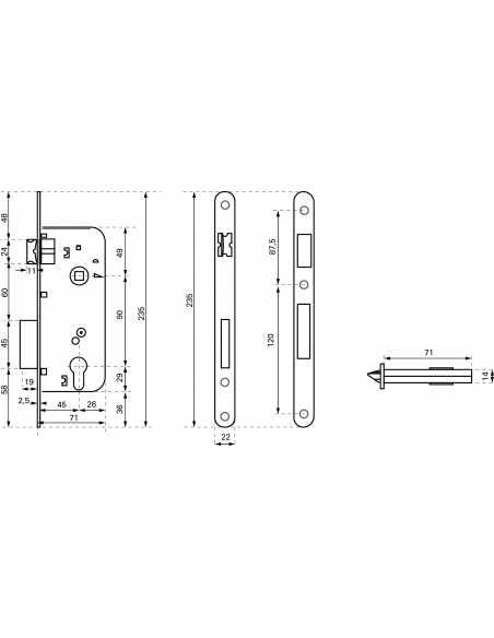 Cassa serratura per cilindro europeo, asse 45 mm, interasse 90 mm, frontale cromato – THIRARD