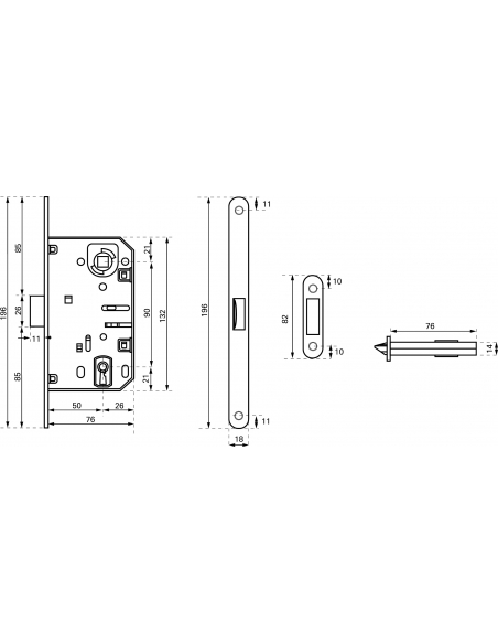 Serratura Patent da incasso 90mm x 50mm, reversibile, piastra tonda, richiamo 1/2 giro, 1 chiave, bronzo - THIRARD