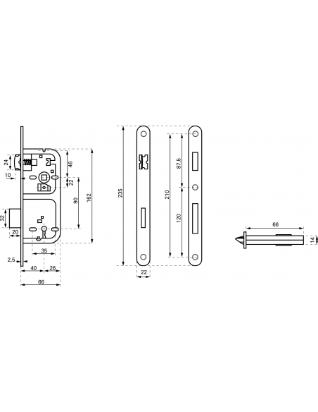 Serratura Patent da incasso 90mm x 40mm, reversibile, piastra tonda, richiamo 1/2 giro, 1 chiave, bronzo - THIRARD