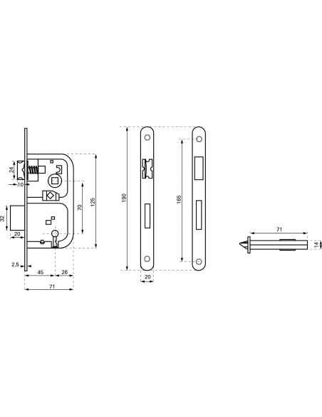 Serratura Patent da incasso 70mm x 45mm, reversibile, piastra tonda, richiamo 1/2 giro 1 chiave, bronzo - THIRARD