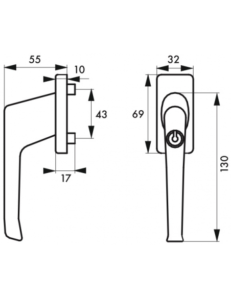 Maniglia con chiave, a leva, alluminio, per finestra, infissi, quadro 7mm, argento, 2 chiavi - THIRARD