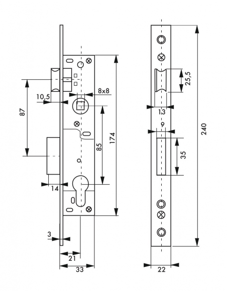 Schema tecnico di Serratura da incasso per infissi metallici, asse 20 mm, interasse 85 mm con dimensioni e ingombri