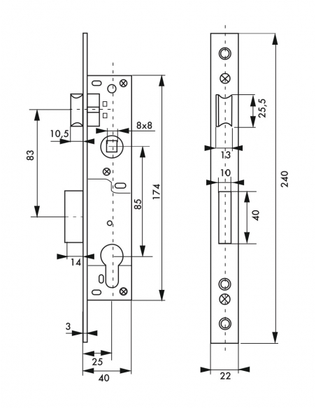 Schema tecnico della serratura da incasso THIRARD, asse 25 mm e interasse 85 mm