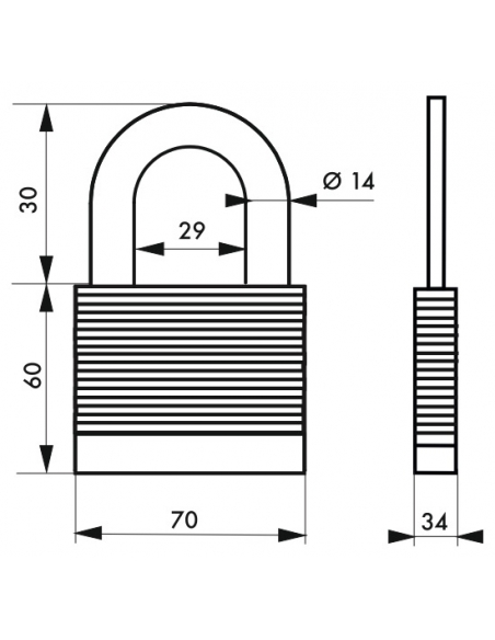 Lucchetto laminato Protector arco acciaio al molibdeno 70mm, alta resistenza, 2 chiavi - THIRARD