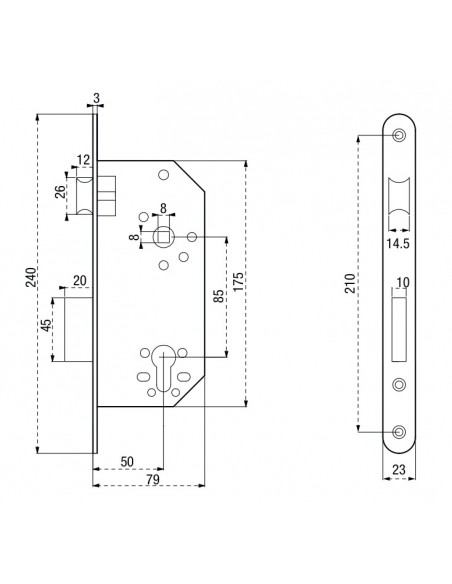 Serratura da incasso a cilindro europeo per porta ingresso, asse 50mm x 85mm, piastra tonda, dorato - THIRARD