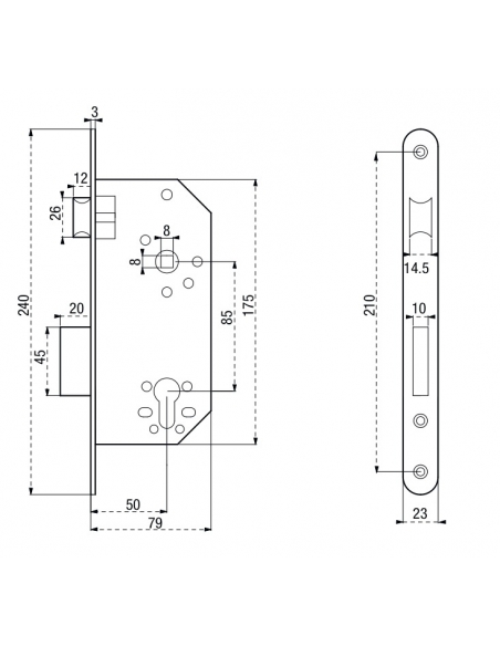 Serratura da incasso a cilindro europeo per porta ingresso, asse 50mm x 85mm, piastra tonda, nichel - THIRARD