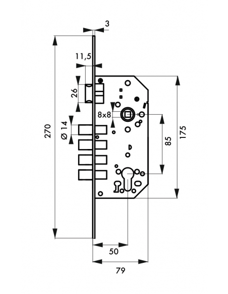 Serratura da incasso a cilindro europeo europeo, asse 50x85mm con defender, oro - THIRARD