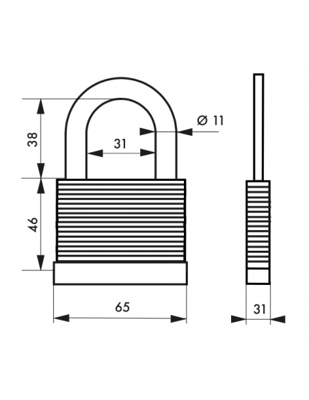 Lucchetto a lamelle in acciaio, da interno, arco in acciaio, 65mm, 2 chiavi - THIRARD