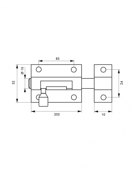 Catenaccio, acciaio, chiavistello Ø 10 mm, 32x202 mm, nichel satinato - THIRARD