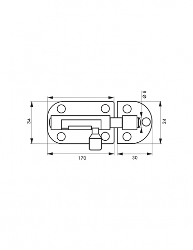 Catenaccio, acciaio, chiavistello Ø 8 mm, 34x170 mm, nichel satinato - THIRARD