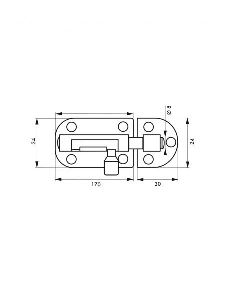 Catenaccio, acciaio, chiavistello Ø 8 mm, 34x170 mm, nichel satinato - THIRARD