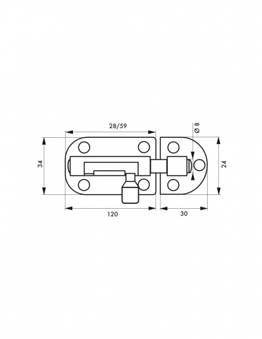 Catenaccio, acciaio, chiavistello Ø 8 mm, 34x120 mm, nichel satinato - THIRARD