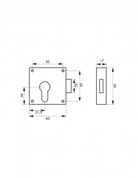 Scatola serratura universale da applicare per porta, asse 21,5 mm, 50 x 60 mm, nichelata – THIRARD