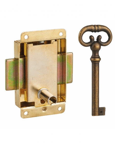Serrure de meuble en applique pour porte d'ameublement, axe 20mm, 40x50mm, laiton, 1 clé - THIRARD