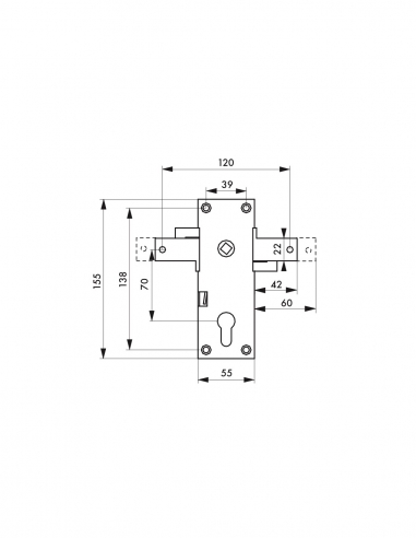 Scatola serratura da applicare a doppia entrata con quadro per garage basculante, 55 x 155 mm, quadro 8 mm – THIRARD