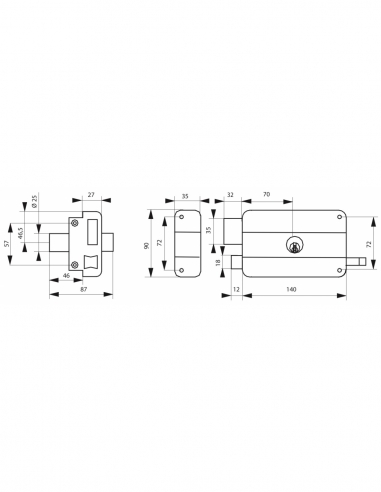 Serratura orizzontale da applicare a doppia entrata con tiraggio per porta, 140 x 90 mm, asse 70 mm, nera, 3 chiavi – THIRARD