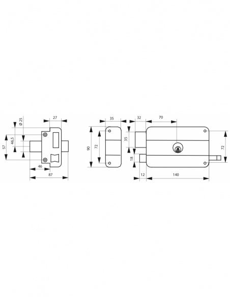 Serratura orizzontale da applicare a doppia entrata con tiraggio per porta, 140 x 90 mm, asse 70 mm, nera, 3 chiavi – THIRARD