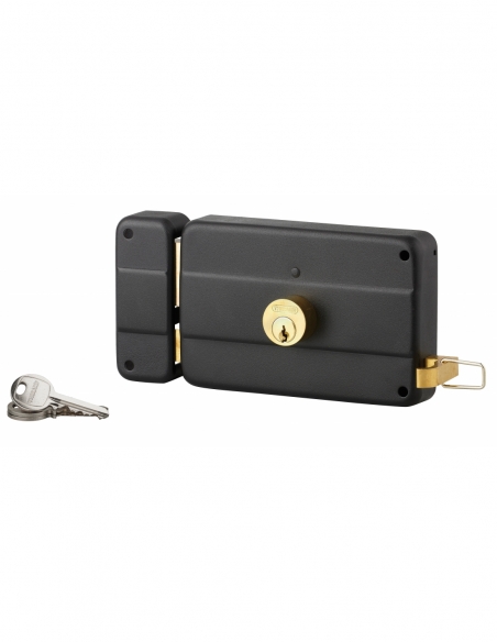 Serratura orizzontale da applicare a doppia entrata con tiraggio per porta, 140 x 90 mm, asse 70 mm, nera, 3 chiavi – THIRARD