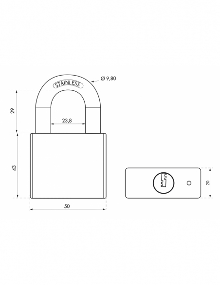Vista aggiuntiva 1 di Lucchetto RINOX 50 mm, arco in acciaio inox, 4 chiavi – THIRARD