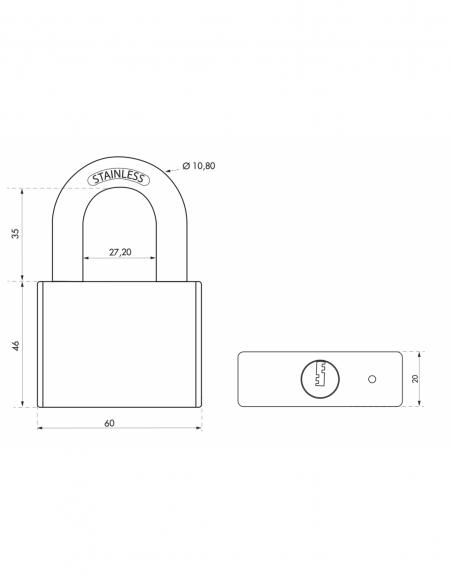Vista aggiuntiva 1 di Lucchetto RINOX 60 mm, arco in acciaio inox, 4 chiavi – THIRARD