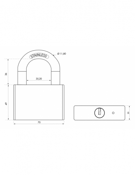 Vista aggiuntiva 2 di Lucchetto RINOX 70 mm, arco in acciaio inox, 4 chiavi – THIRARD