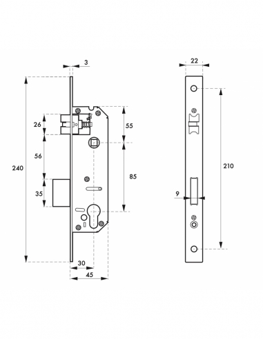 Serratura da incasso Intelock con foro per cilindro, inox, asse 30 mm, interasse 85 mm, quadro 8 mm - INTELOCK
