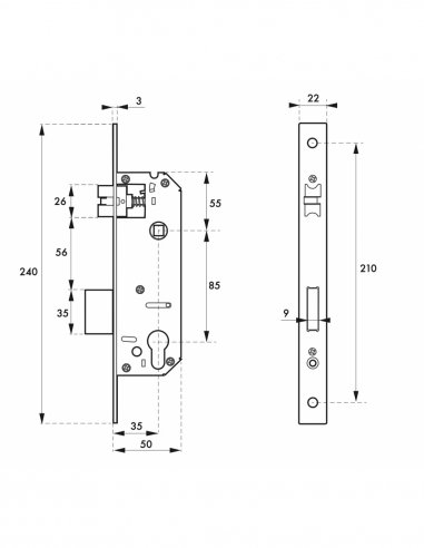 Serratura da incasso Intelock per cilindro per maniglie, inox, asse 35 mm, interasse 85 mm, quadro 8 mm - INTELOCK