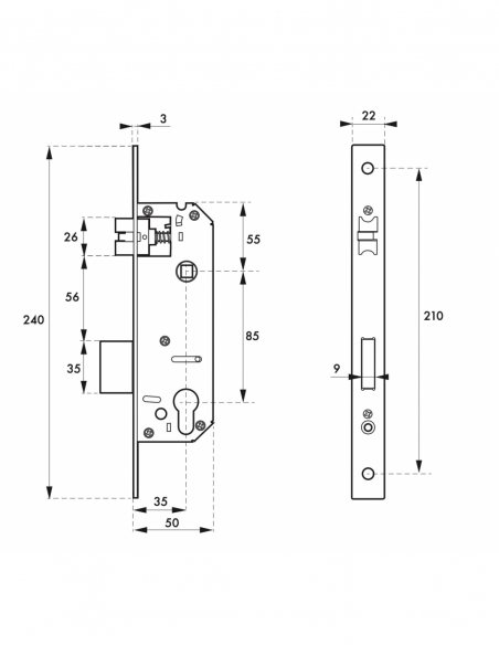 Serratura da incasso Intelock per cilindro per maniglie, inox, asse 35 mm, interasse 85 mm, quadro 8 mm - INTELOCK