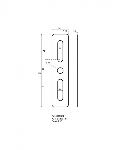 Placca copriforo, 70 x 312 mm, rettangolare, inox - Intelock