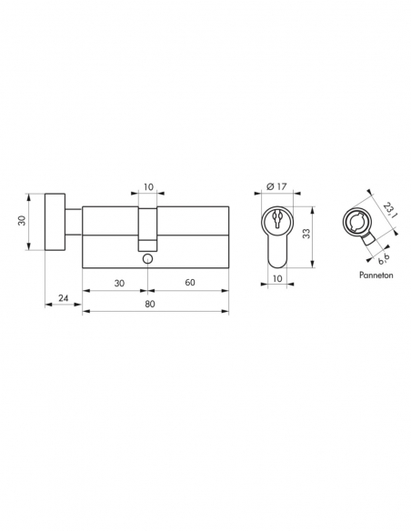 Cilindro per serratura con pomolo, 30B x 60 mm, anti-estrazione, ottone, 3 chiavi – THIRARD