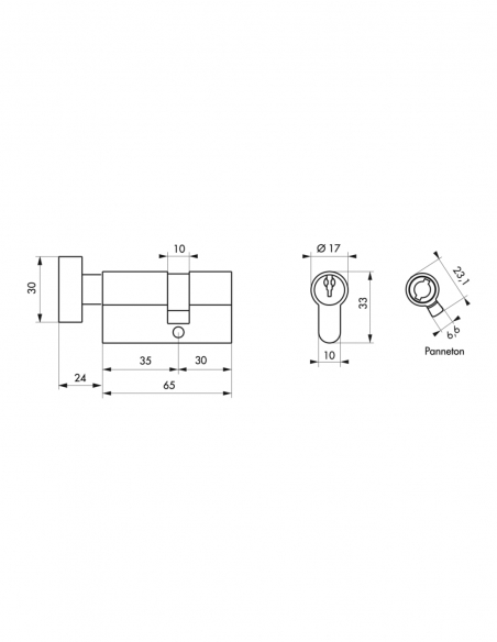 Cilindro per serratura con pomolo, 35B x 30 mm, anti-estrazione, ottone, 3 chiavi – THIRARD
