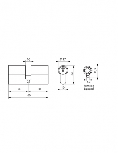 Vista aggiuntiva 1 di Cilindro europeo STD 30 x 30 mm, nichelato, camma ESP, 3 chiavi – THIRARD