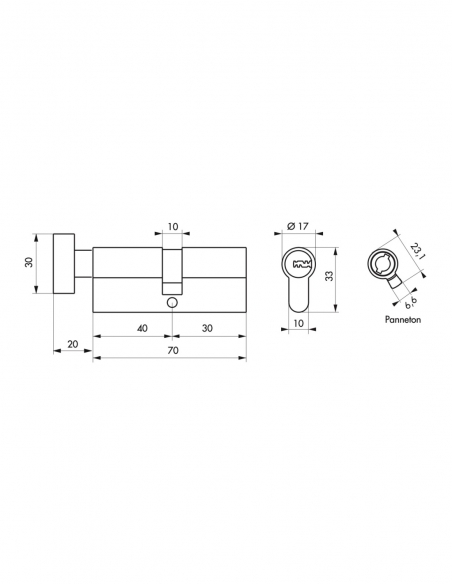 Cilindro T2 con pomolo 40B x 30 mm, nichelato, anti-estrazione, anti-perforazione, anti-scasso, 5 chiavi – THIRARD
