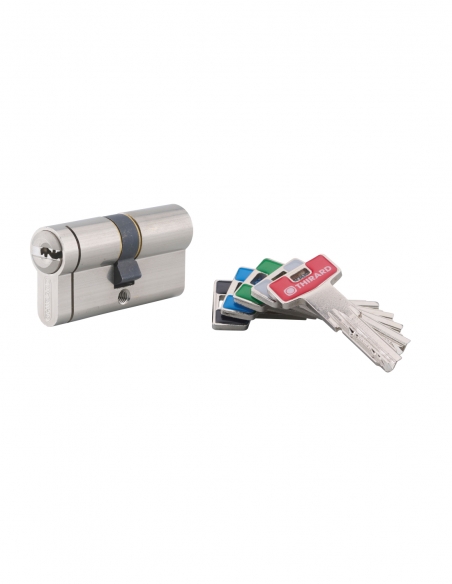 Cilindro T2 doppia entrata 30x30 mm, nichelato, anti-estrazione, anti-perforazione, 5 chiavi senza funzione emergenza – THIRARD