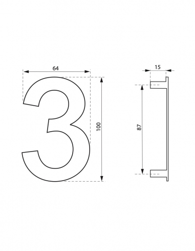 Vista aggiuntiva 1 di Numero civico 3 in acciaio inox, altezza 100 mm, da avvitare – THIRARD
