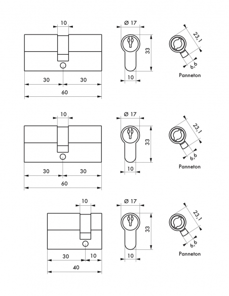 Set 2 cilindri doppia entrata STD 30x30 mm e 1 cilindro 30x10 mm, stessa chiave, ottone, 3 chiavi per cilindro – THIRARD