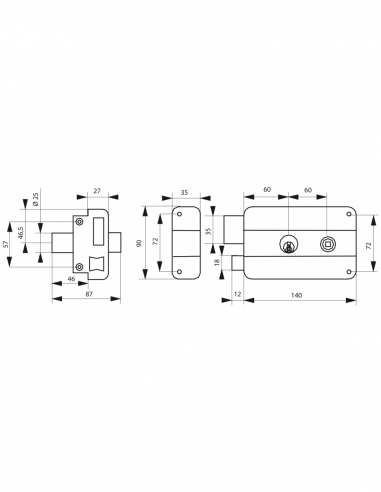 Serratura orizzontale da applicare doppia entrata con quadro, sinistra, 140x90 mm, asse 60 mm, nera, 3 chiavi THIRARD