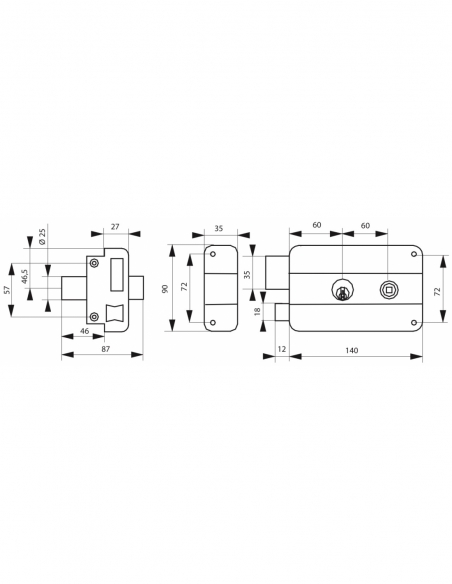Serratura orizzontale da applicare doppia entrata con quadro, sinistra, 140x90 mm, asse 60 mm, nera, 3 chiavi THIRARD