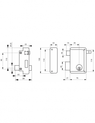 Serratura verticale doppia entrata, sinistra, 76x130 mm, asse 45 mm, nero, 3 chiavi - THIRARD