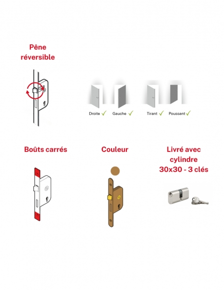 Serratura a incasso per porta d’ingresso con cilindro 30x30 mm, asse 14 mm, 3 chiavi - THIRARD