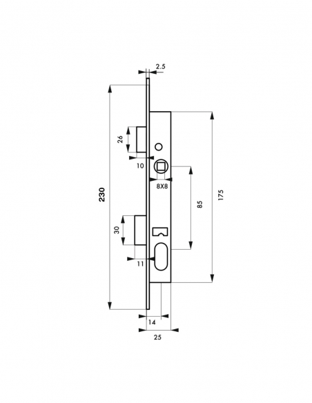 Serratura a incasso per porta d’ingresso con cilindro 30x30 mm, asse 14 mm, 3 chiavi - THIRARD