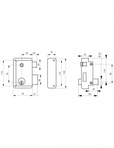 Serratura verticale doppia entrata con pomolo, destra, 76x130 mm, asse 45 mm, nero, 3 chiavi - THIRARD