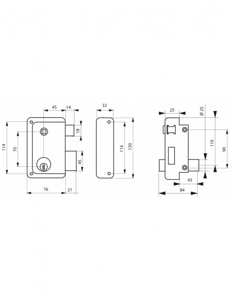 Serratura verticale doppia entrata con pomolo, destra, 76x130 mm, asse 45 mm, nero, 3 chiavi - THIRARD
